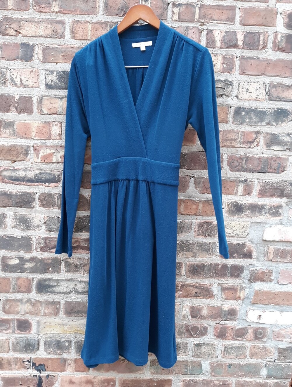 Cabi Vintage Teal Blue Long Sleeve Faux Wrap Knit Midi Dress Size Medium